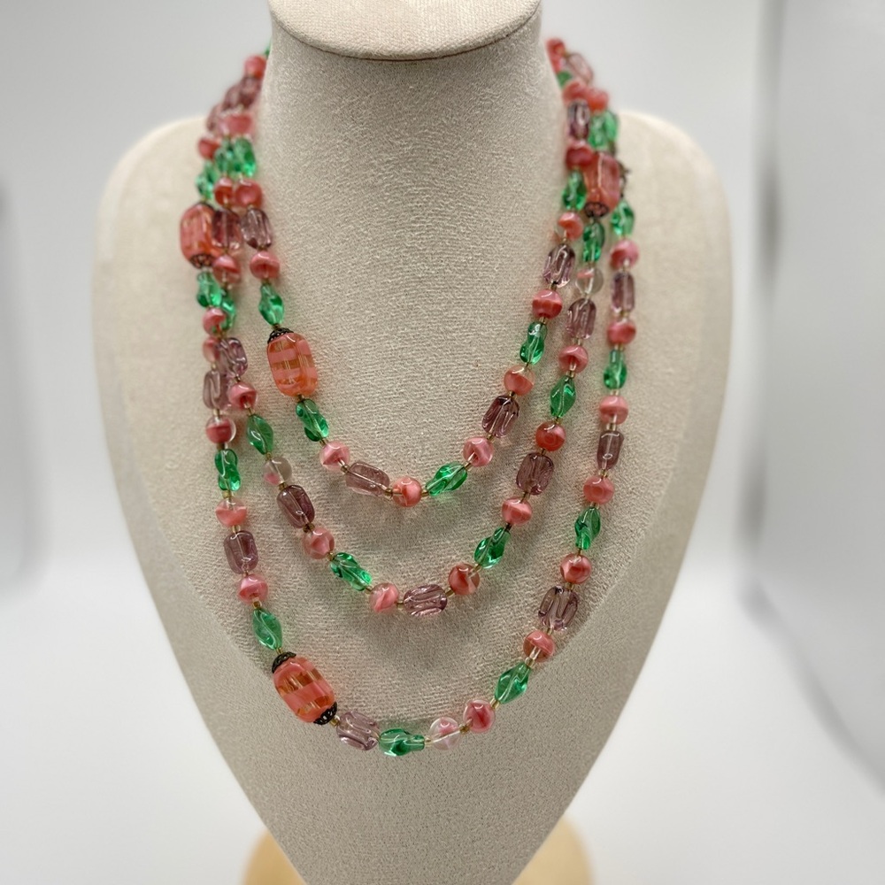 1960s Triple Strand Art Glass Necklace – Pink, Green, Lilac Vintage Beads